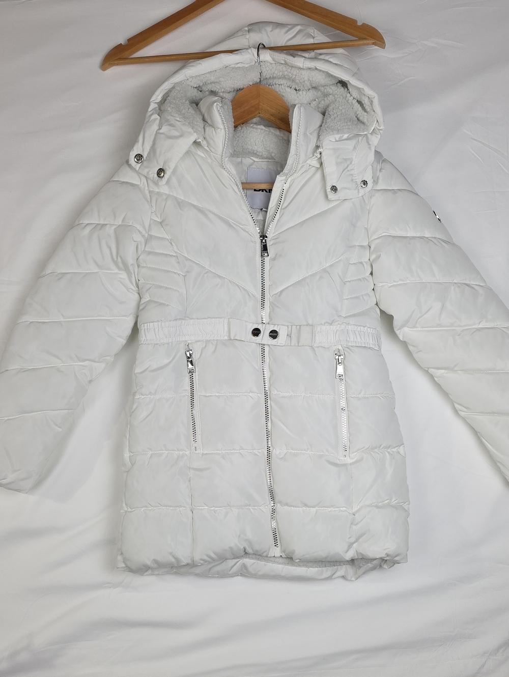DKNY White Quilted Hooded Puffer Jacket M